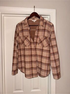 Plaid Button-Up Shirt Jacket in Beige and Pink